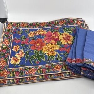 Pier 1 Blue Floral 100% Cotton Placemats & Napkins Set Of 8 Light Wear And fade